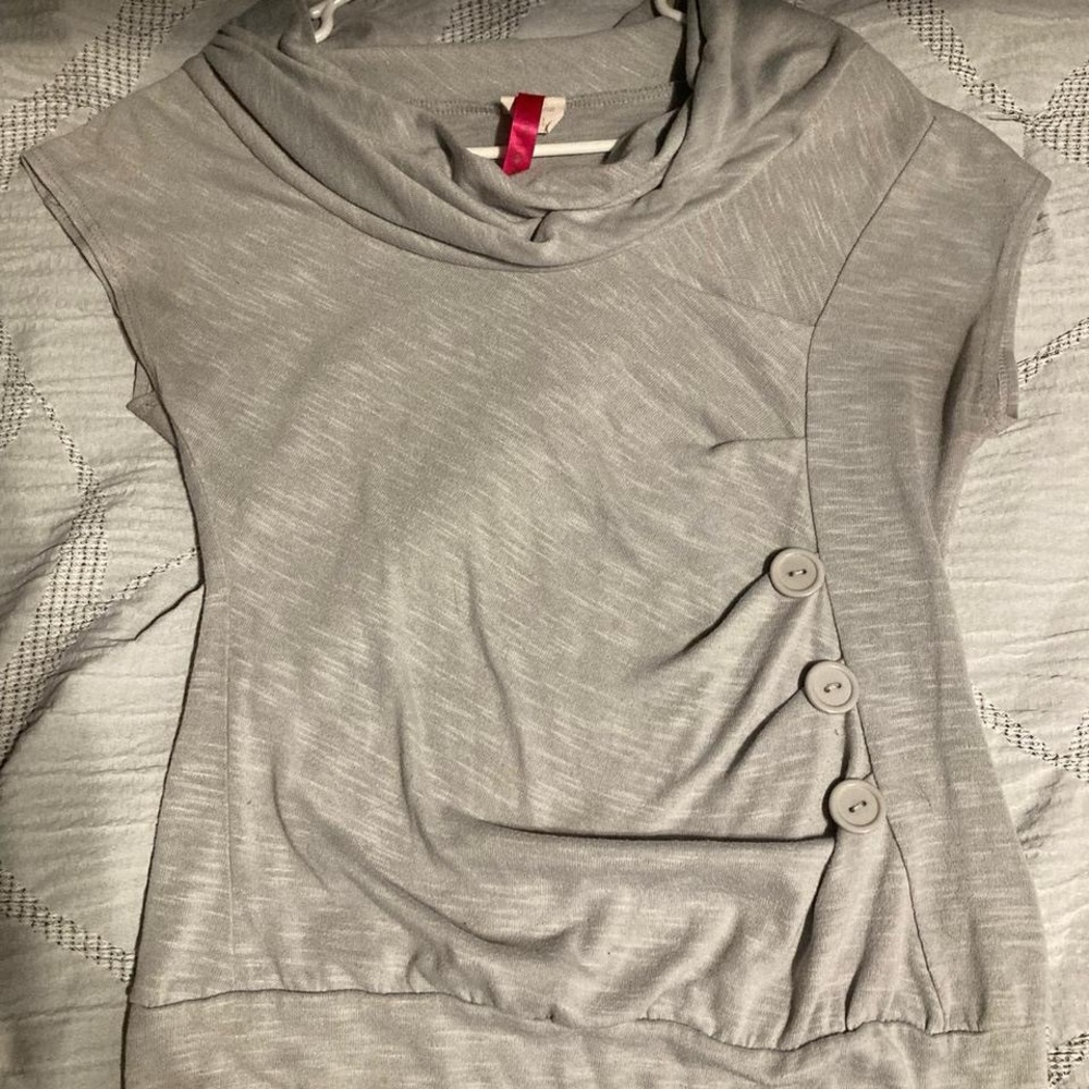 Gray Cowl Neck Top with Button Detail